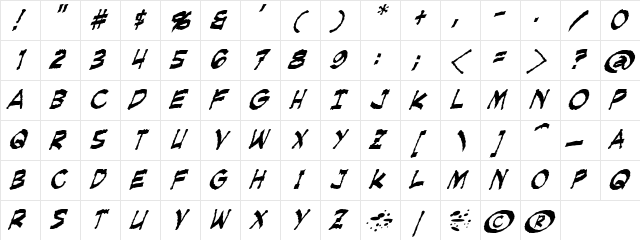 Creeping Evil Italic Character Map