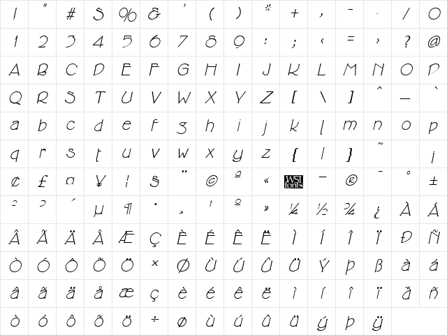 Cricket Italic Character Map