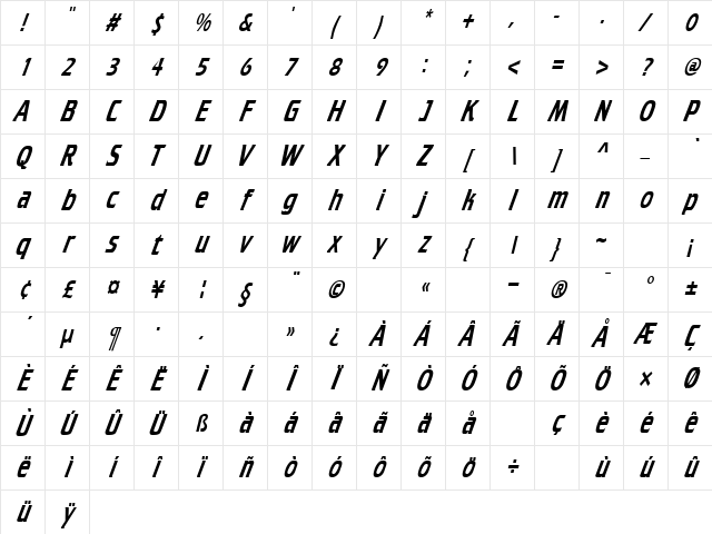 CruiserCondensed Italic Character Map