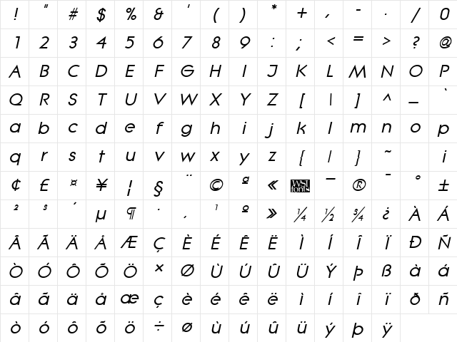 Lithe Bold Italic Character Map