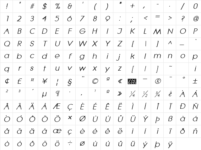 Lithe Italic Character Map