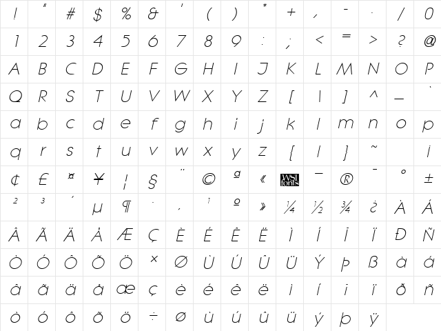 LitheLight Italic Character Map