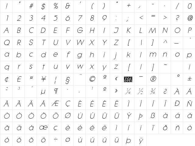 LitheLight Italic Character Map