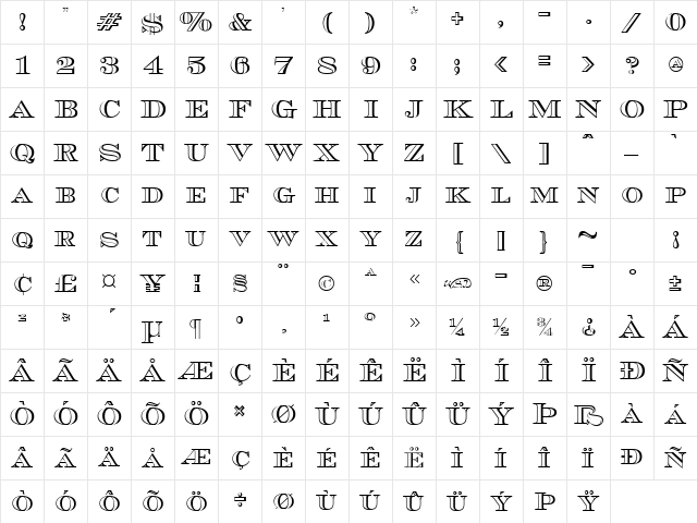 Currency Outline Regular Character Map