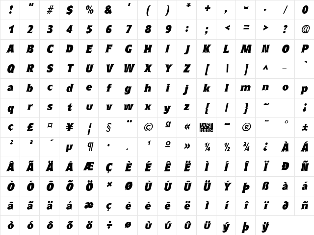 CurvacBlack Italic Character Map