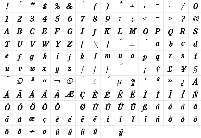 Cushing Bold Italic Character Map