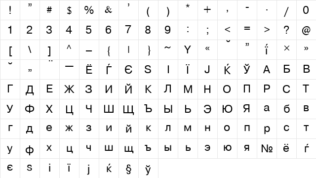 CyrillicHelv Regular Character Map