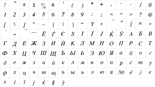 CyrillicTimes Italic Character Map