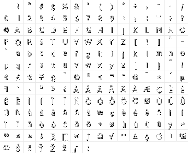 ChantillyDropShadow Regular Character Map ChantillyDropShadow Regular Character Map