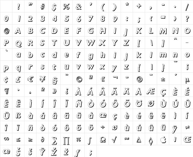 ChantillyDropShadow Bold Italic Character Map