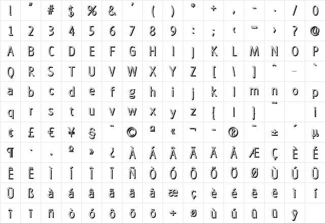 GlasgowDropShadow-ExtraLight Regular Character Map
