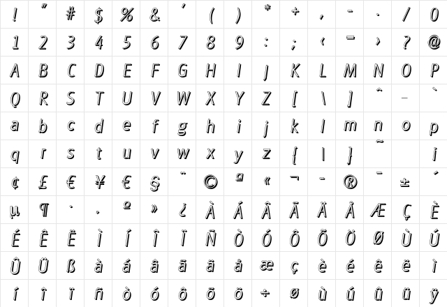 GlasgowDropShadow-ExtraLight Italic Character Map