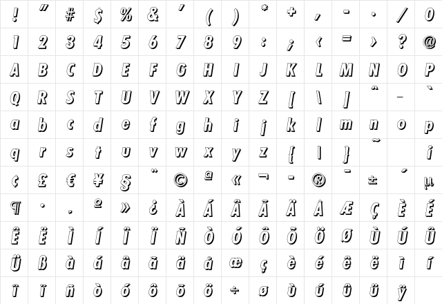 LimerickCondDropShadow Bold Italic Character Map