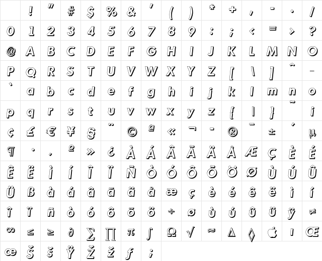 MontrealDropShadow Bold Italic Character Map