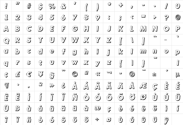 MontrealDropShadow-ExtraBold Italic Character Map