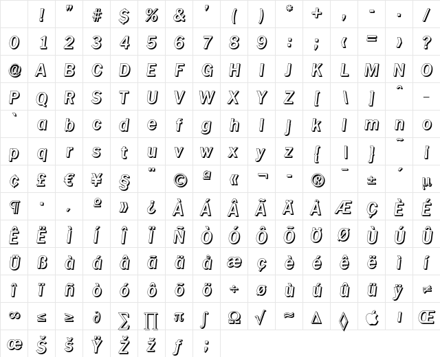 PlymouthDropShadow Bold Italic Character Map