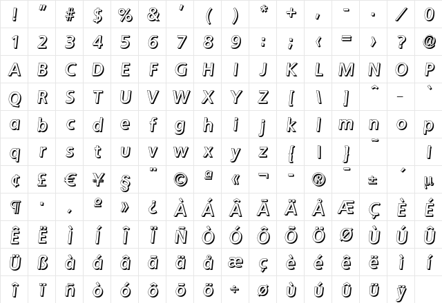 QuebecDropShadow Bold Italic Character Map QuebecDropShadow Bold Italic Character Map
