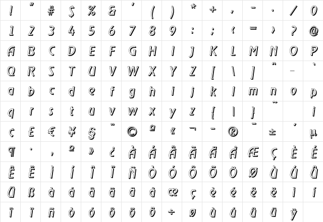 OnStageDropShadow-Light Italic Character Map OnStageDropShadow-Light Italic Character Map