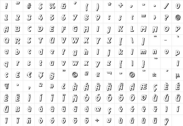 OnStageDropShadow-ExtraBold Italic Character Map