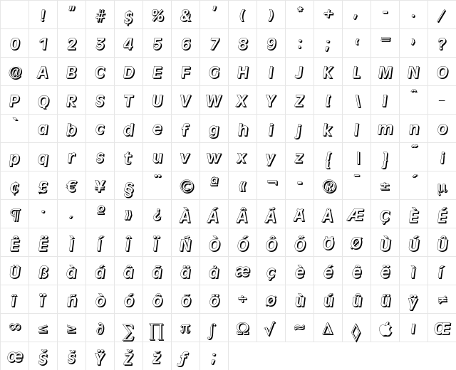RavennaDropShadow Bold Italic Character Map RavennaDropShadow Bold Italic Character Map