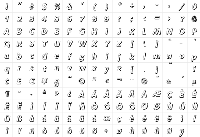 SaxonyDropShadow Bold Italic Character Map