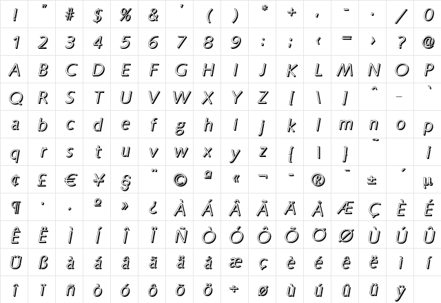 SaxonyDropShadow-Light Italic Character Map