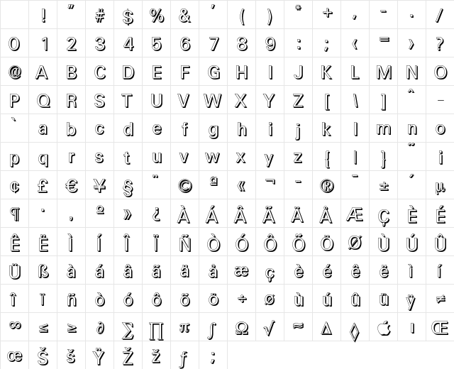 UltimateDropShadow Regular Character Map UltimateDropShadow Regular Character Map