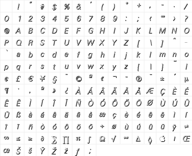 UltimateDropShadow-ExtraLight Italic Character Map UltimateDropShadow-ExtraLight Italic Character Map