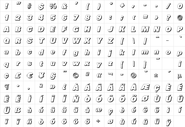 UltimateDropShadow-Heavy Italic Character Map