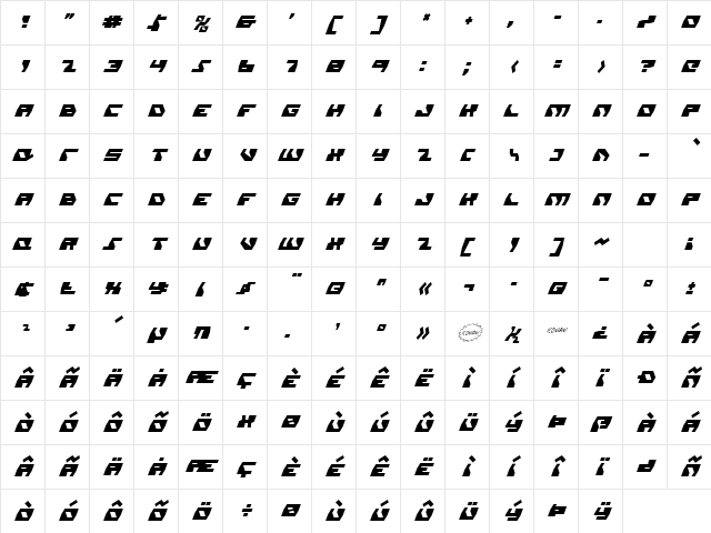 Daedalus Condensed Condensed Italic Character Map