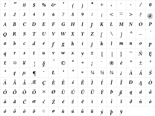Dante Bold Italic Character Map Dante Bold Italic Character Map