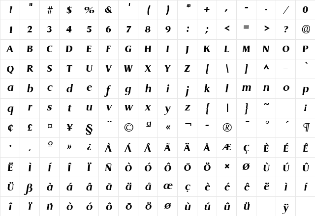 Llewelyn SF Bold Italic Character Map