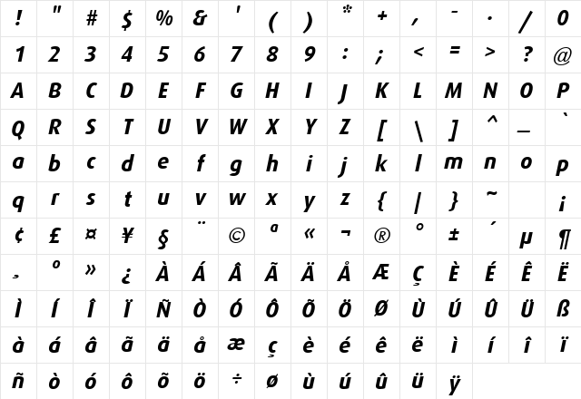 Dax-BoldItalic Regular Character Map