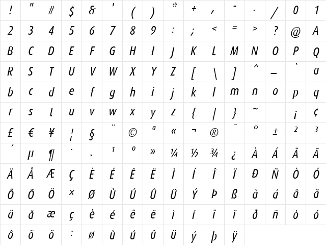 DaxCondensed-RegularItalic Regular Character Map DaxCondensed-RegularItalic Regular Character Map