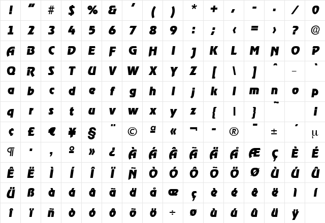 JoeBecker-Heavy Italic Character Map