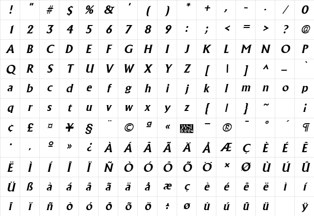 Alberta Bold Italic Character Map