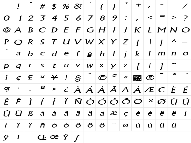 AlbertaWideLight Italic Character Map