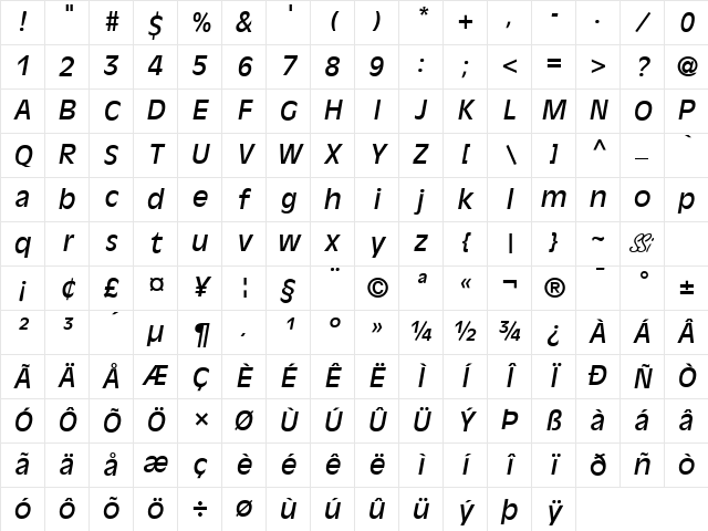 Decade SSi Italic Character Map