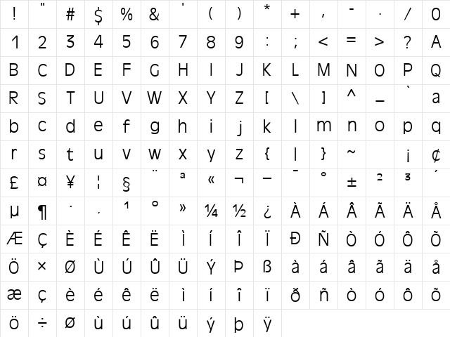 DecadeLightSSK Regular Character Map