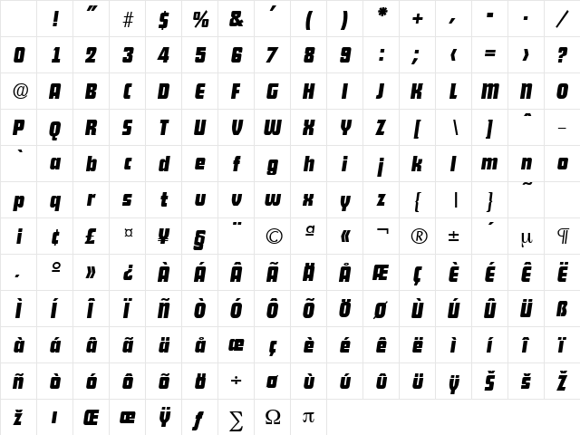 Dekodisplay-Italic Regular Character Map