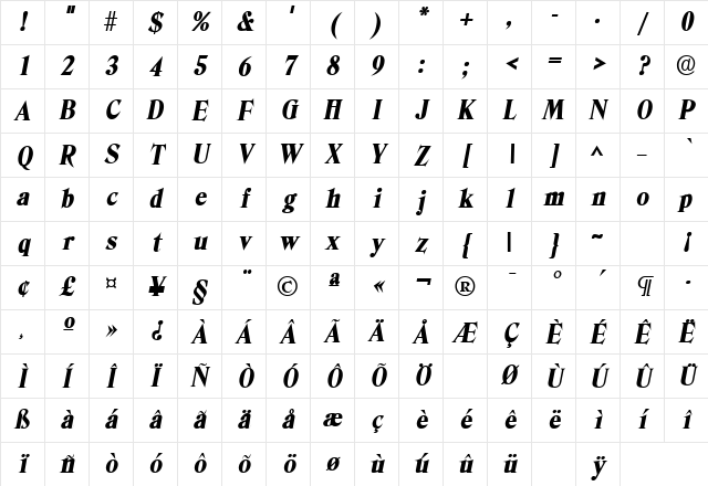 DenverLH Bold Italic Character Map