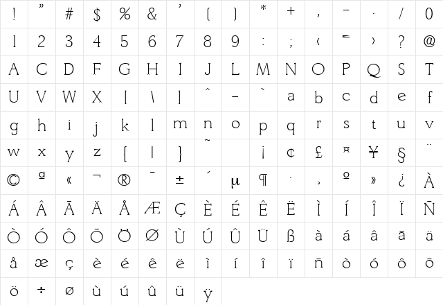Derringer-Serial-ExtraLight Regular Character Map