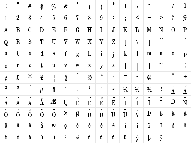 Devine Condensed Bold Character Map