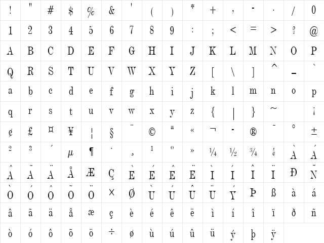 Devine Condensed Normal Character Map