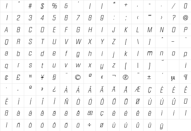 Diamante-Serial-ExtraLight RegularItalic Character Map