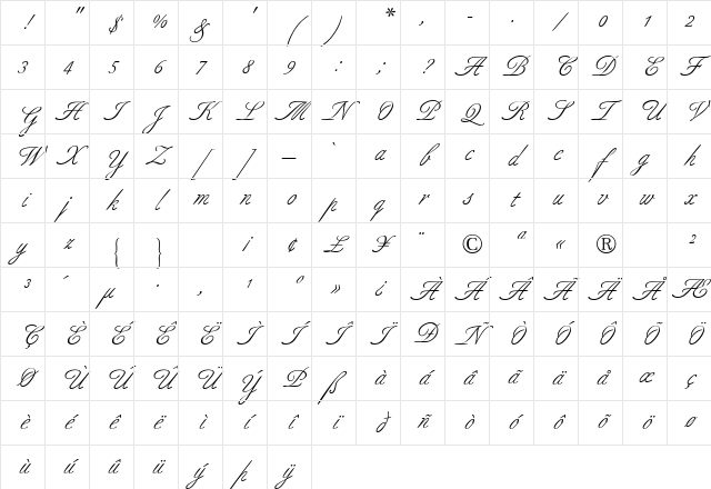 AldridgeScriptSSK Regular Character Map