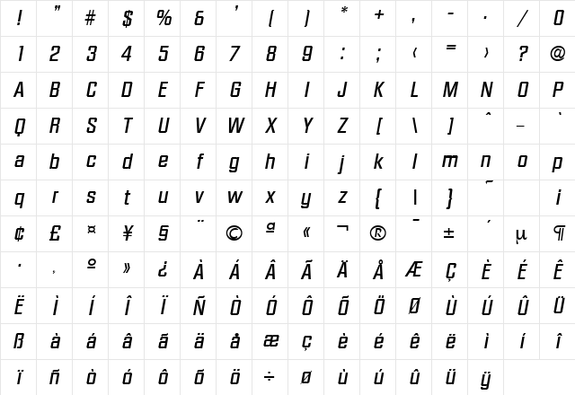 Diamante-Serial-Medium RegularItalic Character Map