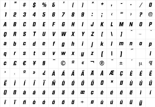 DiamanteSerial-Xbold Italic Character Map