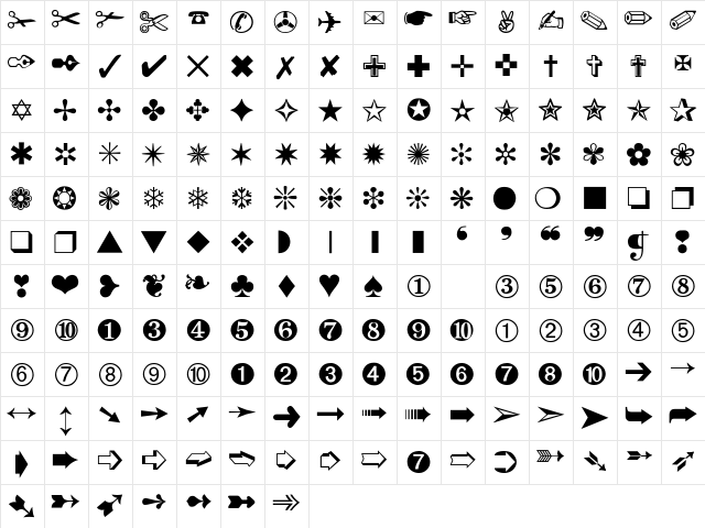 dingbats-Thin Regular Character Map