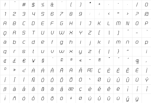 DistillaLight Italic Regular Character Map DistillaLight Italic Regular Character Map
